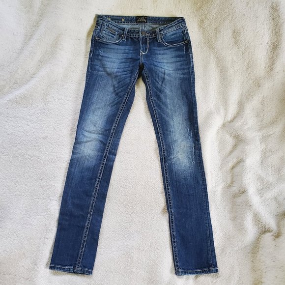 Rerock for Express Distressed Low Rise Straight Leg Skinny Jeans, Sz 2R